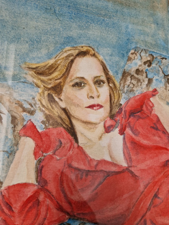 Image 1 of Femme allongée en robe aquarelle portrait sensuel 91 x 71