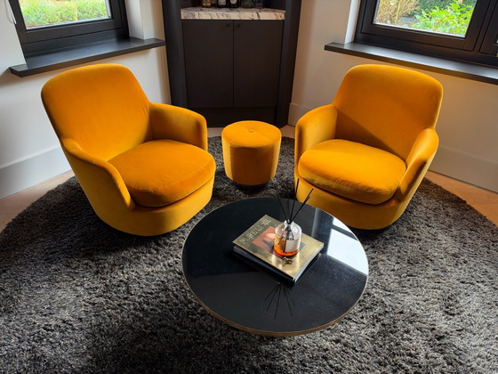 Minotti Jacques fauteuils pivotants + pouf, Chaises pivotantes, Textile, Velours, Jaune (photo 4 sur 5)