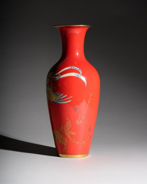 Image 1 of Rosenthal Porcelain Floor Vase Chinoiserie Phoenix Decor Red & Gold Germany 1938