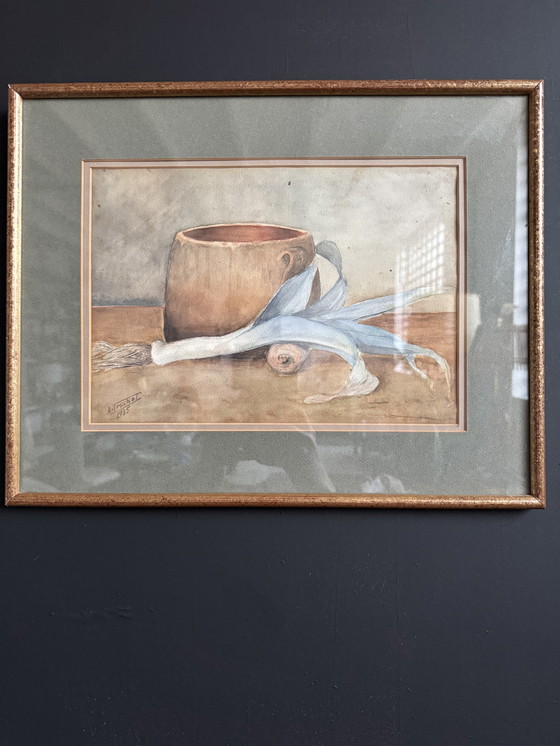 Image 1 of Antieke aquarel stilleven van een prei