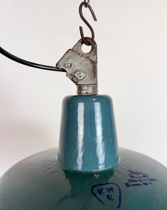 Image 1 of Industrial Petrol Enamel Factory Lamp with Cast Iron Top, 1960s