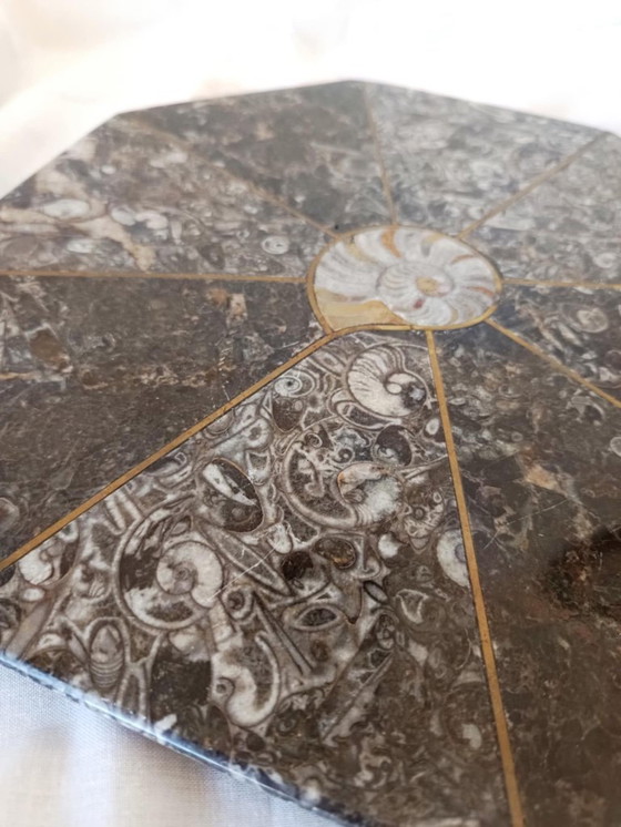 Image 1 of Dessous de plat en pierre et ammonite fossilisée 