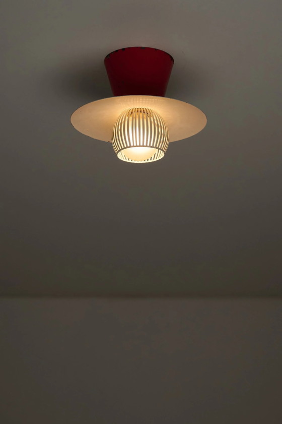 Mid-Century Flush Mount Ceiling Lamp with White Slatted Diffuser, Ceiling lights, Metal, Red (photo 3 of 6)