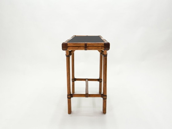 Image 1 of Consola francesa de bambú y latón con tapa de cristal negro, década de 1970