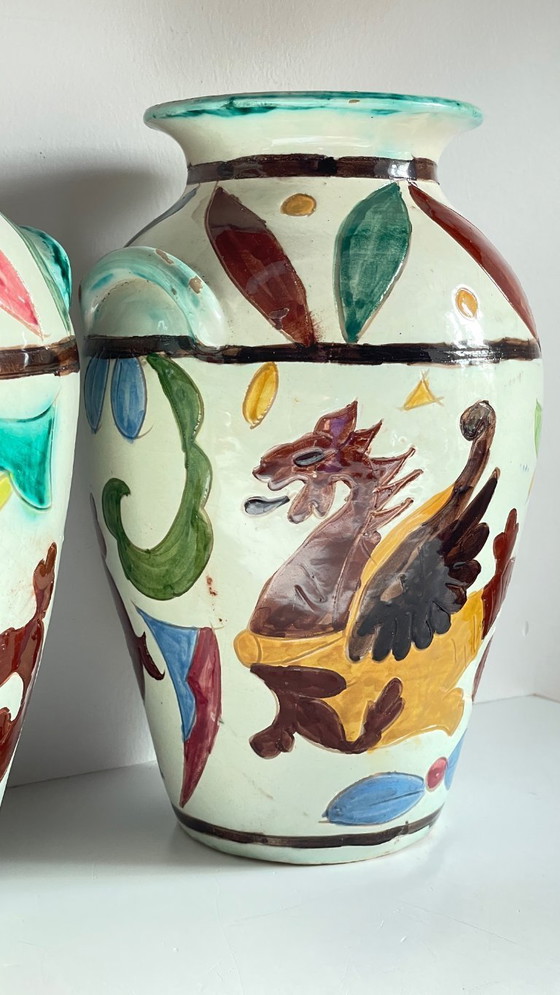Image 1 of Italian Majolica Vases with Dragon Motif