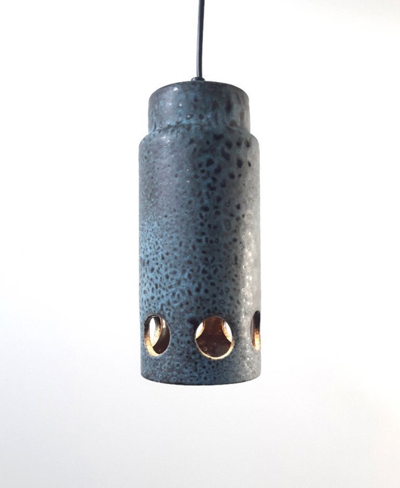 Image 1 of Lichtblauw met bruin gevlekte keramieken aardewerken vintage hanglamp, West Germany fat lava stijl, keramiek, aardewerk lamp