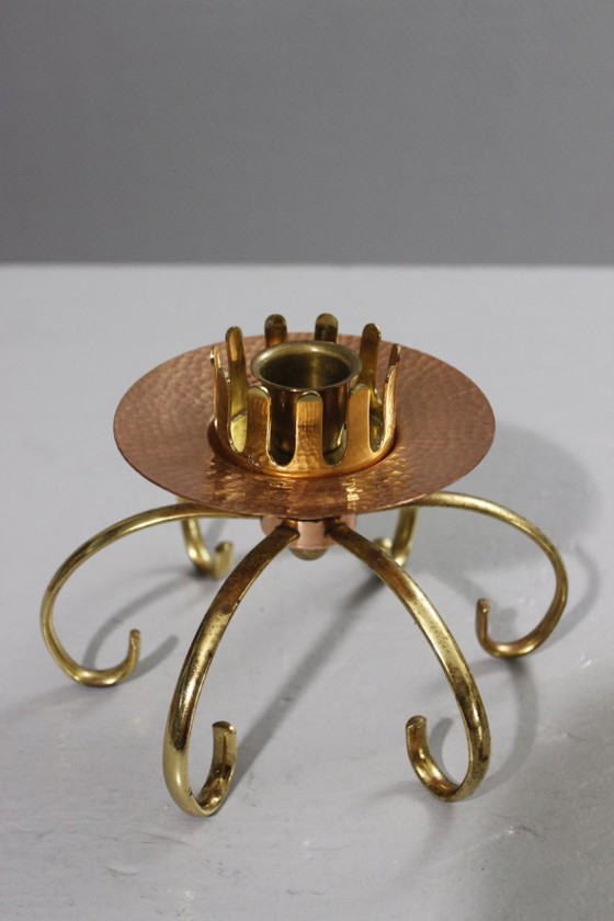 Image 1 of Candelabro antiguo de cobre, latón y cristal, diseño modernista, década de 1950.