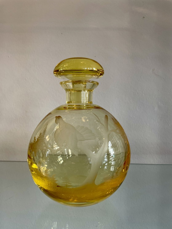 Image 1 of Decanter Moser in 6 bicchierini da shot in cristallo giallo soffiato a bocca, tagliati a mano