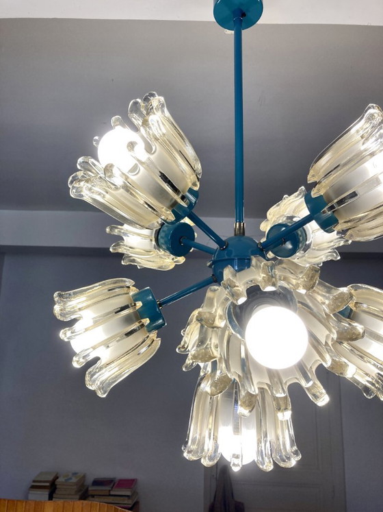 Image 1 of Large 9-light chandelier in molded glass and turquoise metal, Leclaire & Schäfer – 1960s