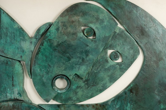 Image 1 of Bas-relief sign reading "Think outside the box!" in patinated wood. Contemporary