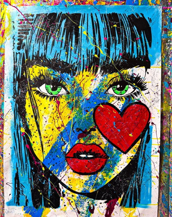 Pittura Pop Art, volto di donna con cuore, Dipinti e disegni, Tela, Blu (foto 4 di 15)
