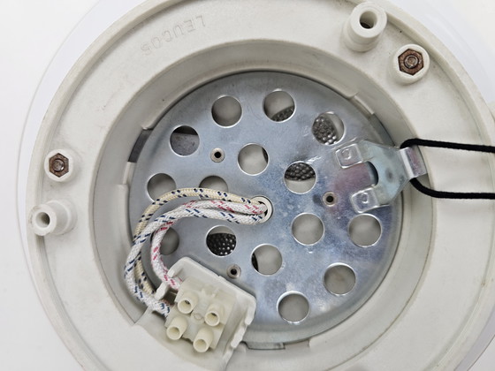 Image 1 of Ceiling or wall lamp by Leucos Italian milk glass discus model with red rim