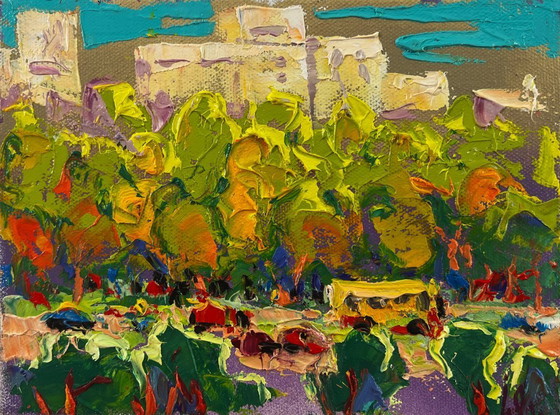 Image 1 of Original Oil Painting Summer Houses Landscape Morning City