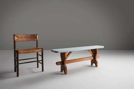Image 1 of Banc rustique en bois Art déco avec plateau bleu, France, années 1930