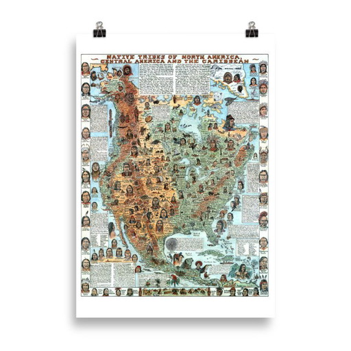Map of the Native American Tribes of North America, Central America and the Caribbean - Poster 70 x 100 cm