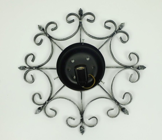 Image 1 of outstanding 1970's modernist brutalist wall lamp SCONCE wrought iron and amber glass