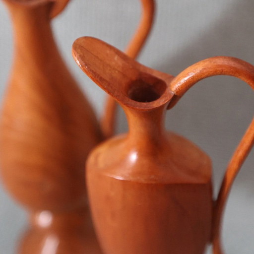 ❤️ Set of swan neck vases made of wood, handmade in the GDR, Midcentury