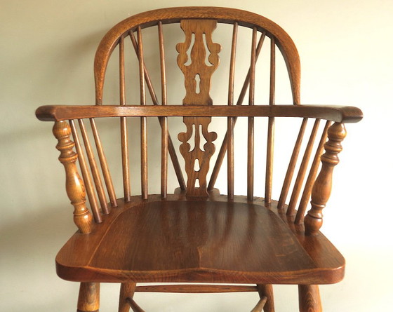 Mid-Century Lyre Back Windsor Elbow Armchair in Solid Oak, 1960s – Dining chairs, Wood (photo 3 of 12)