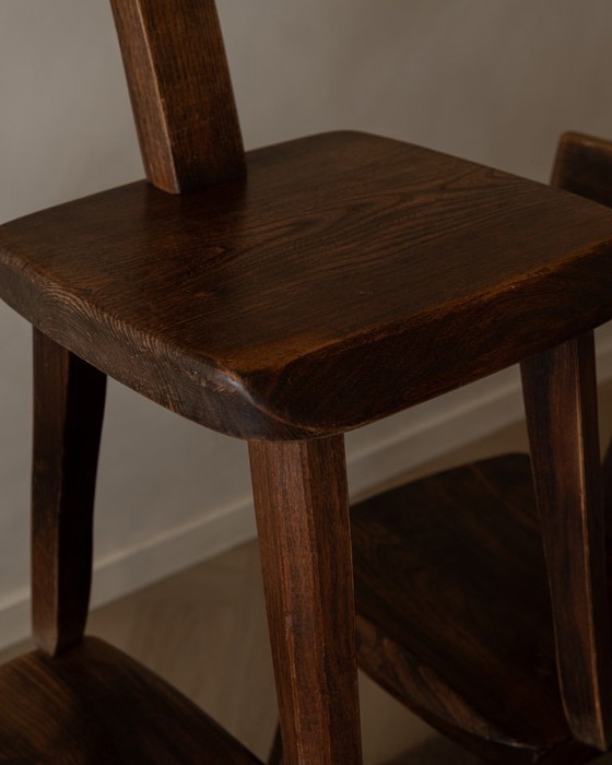 Image 1 of Set of 3 Vintage “T” Dining Chairs by Aranjou, France (c.1960s) – Stained Elm, Brutalist Sculptural