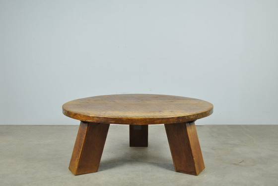 Image 1 of Brutalist Massive Oak Round Coffee Table 1970s