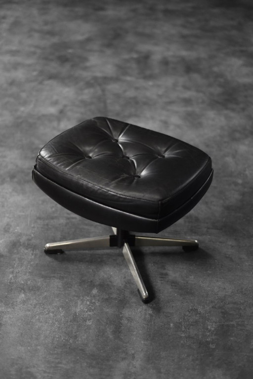 Pouf rectangulaire vintage en cuir noir, style scandinave moderne du milieu du XXe siècle, années 1970