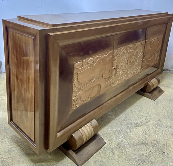 Image 1 of Exceptional French Brutalist Solid Wood Sideboard with Sculpted Doors, 1950s
