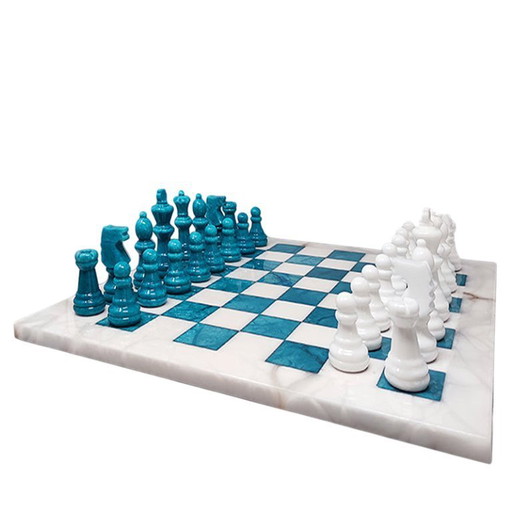 1970s Gorgeous Turquoise and White Chess Set in Volterra Alabaster Handmade Made in Italy