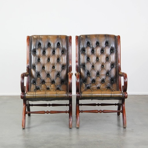 2 x Grüner Vintage Rindsleder Chesterfield Sessel