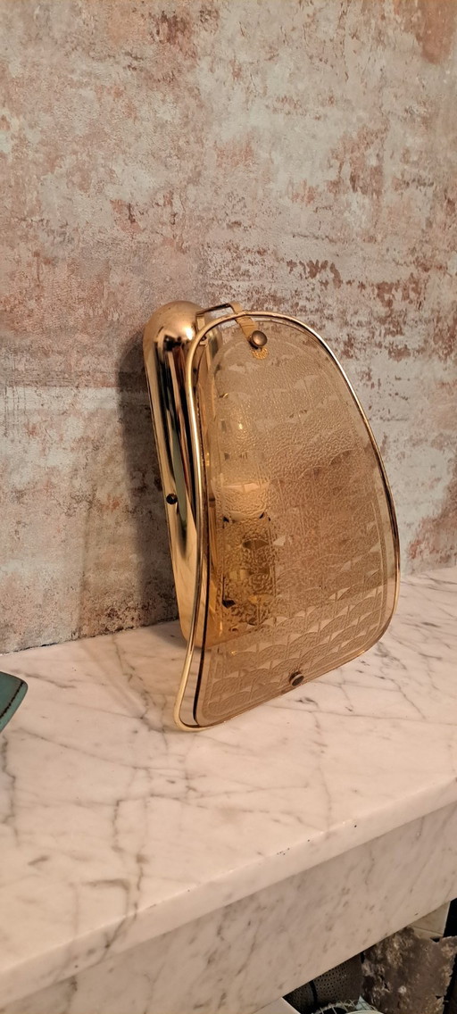 Lámpara de pared vintage Lakro estilo Hollywood Regency, latón dorado y vidrio