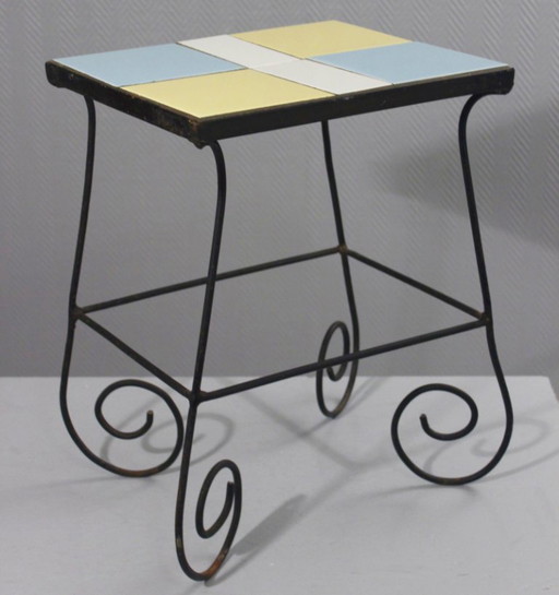Vintage wrought iron and ceramic tile side table, 1950s design