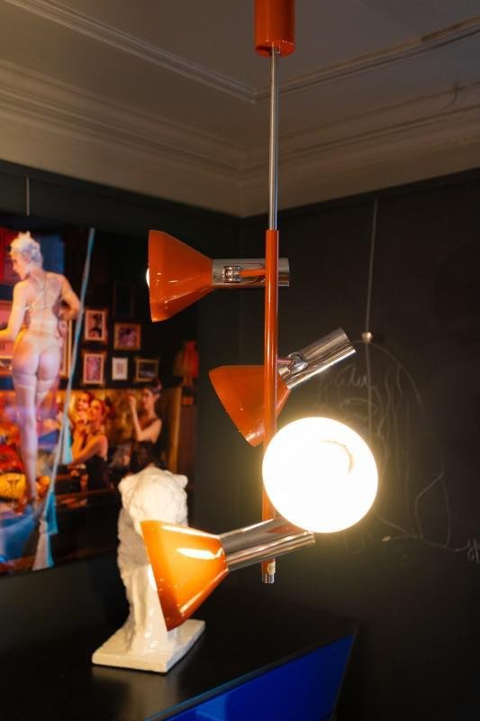 Vintage Space Age Verstelbare Hanglamp met 4 Spots in Verchroomd Staal & Oranje Lak, jaren 70 – Hanglampen (photo 6 of 12)