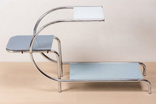 Bauhaus Tubular Steel Flower Stand by Emile Guyot for Thonet, Colored Glass Shelves, 1950s, Czechoslovakia, 79 × 30 x 105 cm