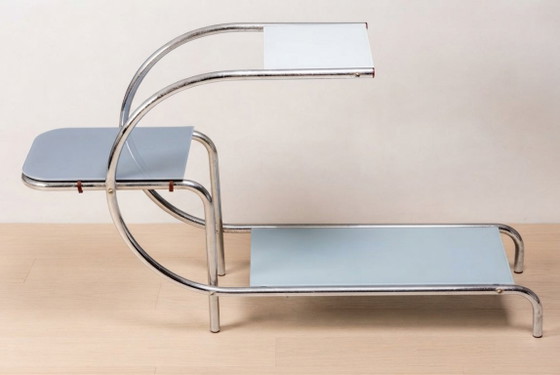 Image 1 of Bauhaus Tubular Steel Flower Stand by Emile Guyot for Thonet, Colored Glass Shelves, 1950s, Czechoslovakia, 79 × 30 x 105 cm