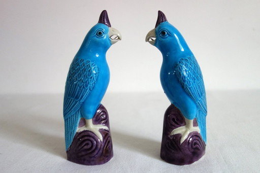 Paire de perroquets émaillés porcelaine chinoise années 60