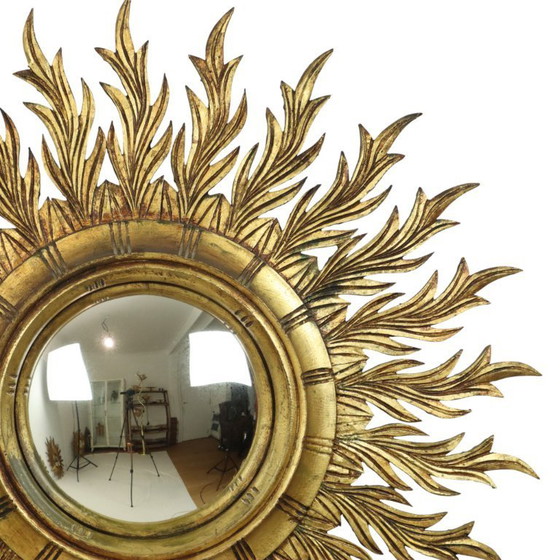 Image 1 of Large Rare Wooden Sun Mirror Sunburst Gold Leaf XL 86cm