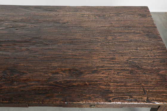 Image 1 of Grote boeren eettafel van sfeervol iepenhout met een prachtig patina uitgevoerd met drie lades
