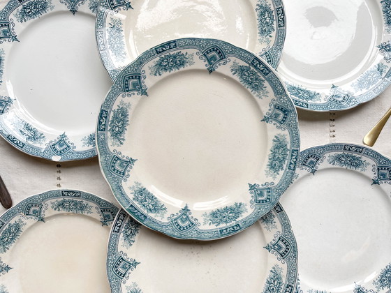 Image 1 of 7 piatti in pietra di ferro blu Onnaing + 7 piccoli piatti in porcellana di Limoges spaiati