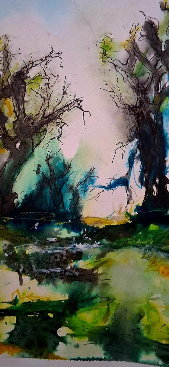 Image 1 of Old trees in the Spring,watercolor and ink on watercolor paper