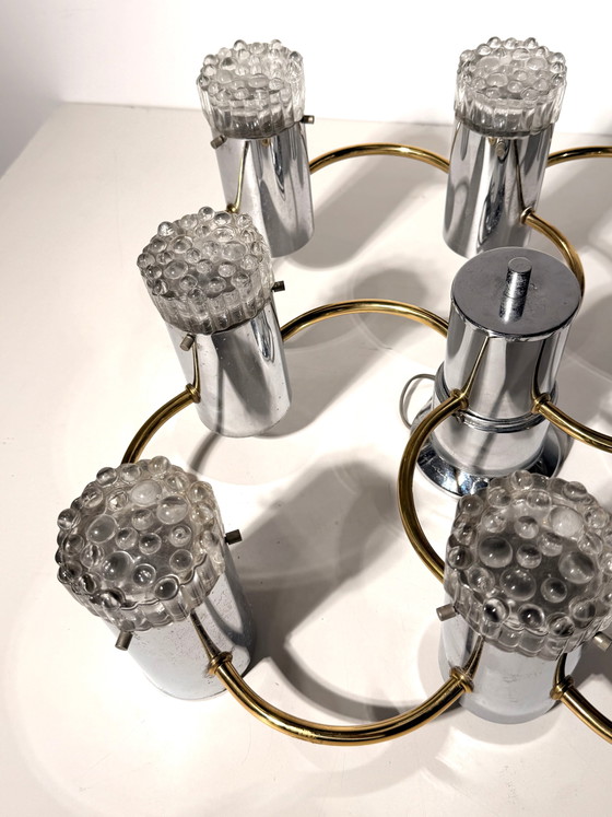 Vintage Duitse kroonluchter uit het ruimtetijdperk met 8 lampen, chroom en messing – jaren 70 – Glass (photo 3 of 5)