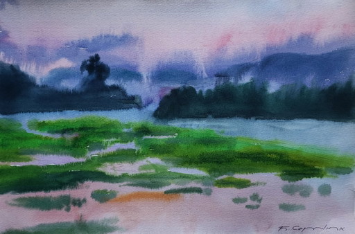 Original Watercolor Painting Nature Landscape Meadow Morning Fog – schilderijen tekeningen, Paper