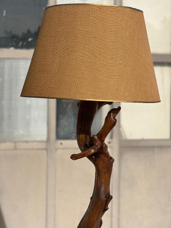 Lámpara de pie de madera natural con pantalla marrón, Lámparas de pie, Textil, Vintage (foto 3 de 5)