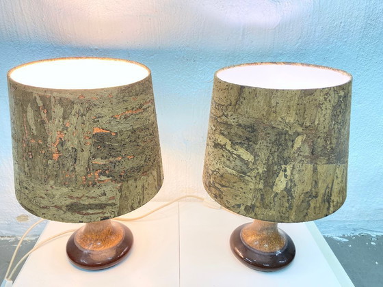 Image 1 of 2 Leola table lamps, ceramic base, cork shade, 1970s/80s