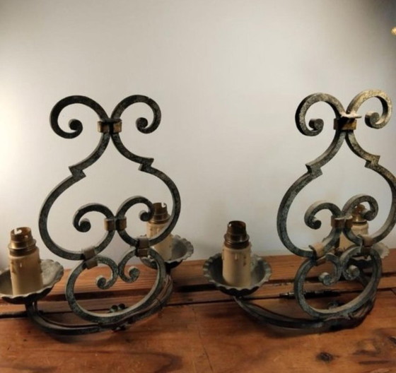 Image 1 of PAIRE D'ANCIENNES APPLIQUES EN FER FORGE GILBERT POILLERAT Baroque 1940