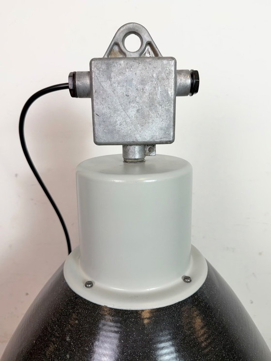Image 1 of Large Industrial Black Enamel Factory Lamp with Glass Cover, 1960s
