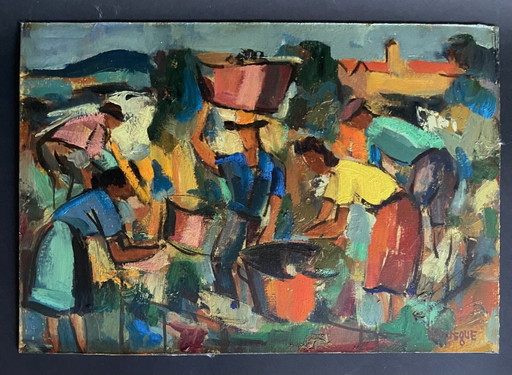 Jean Hourrègue „Les Vendanges“ signiertes Öl auf Platte, Frankreich, 1950er Jahre
