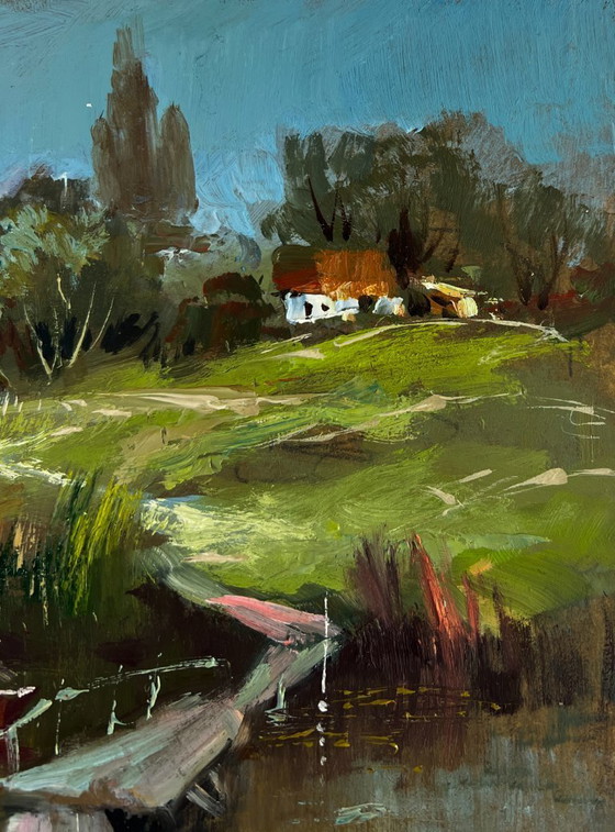 Image 1 of Original Oil Painting Summer River Landscape Bridge to the village