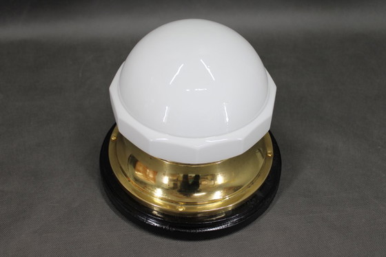 Image 1 of Secessie messing en glazen tafellamp uit 1920, Tsjecho-Slowakije