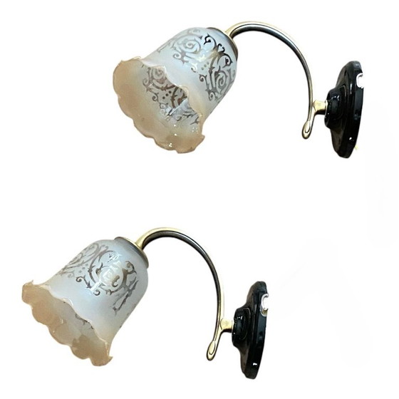 Pair of brass gooseneck wall sconces, screen-printed glass tulip shades, porcelain rosettes – Wall lights (photo 8 of 8)