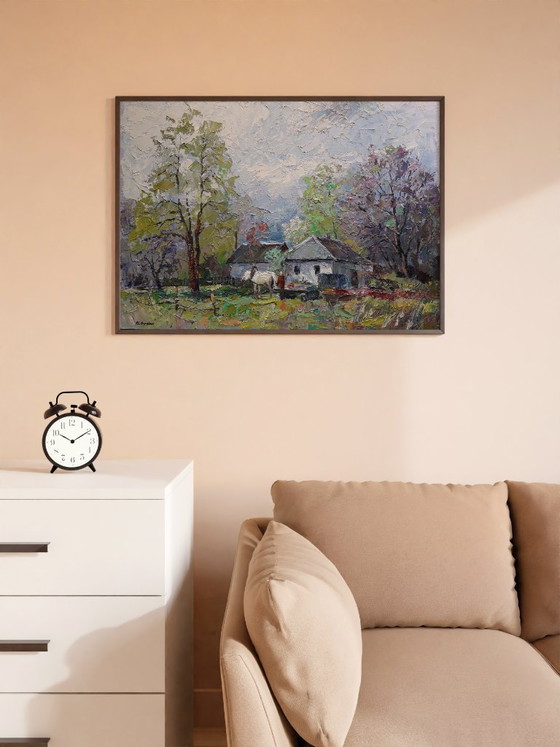 Origineel olieverfschilderij Landelijk landschap Dorpsleven Ouderlijk huis – Schilderijen & Tekeningen, Mdf (photo 2 of 5)