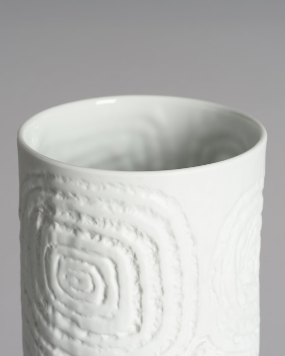 Image 1 of M. Freyer & W. Schreib Rosenthal Bisque Porcelain Vase Duo Op Art Relief 70s XL & L